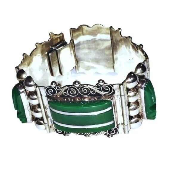 Vintage Sterling Mexico Silver & Jade Bracelet - Picture 2 of 7